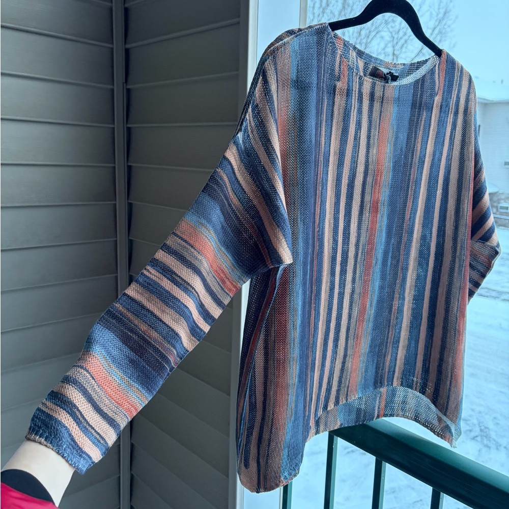 🆕 M Collection Made in Italy Striped Knit Top Blue Orange Mesh Size M Casual - Picture 8 of 17
